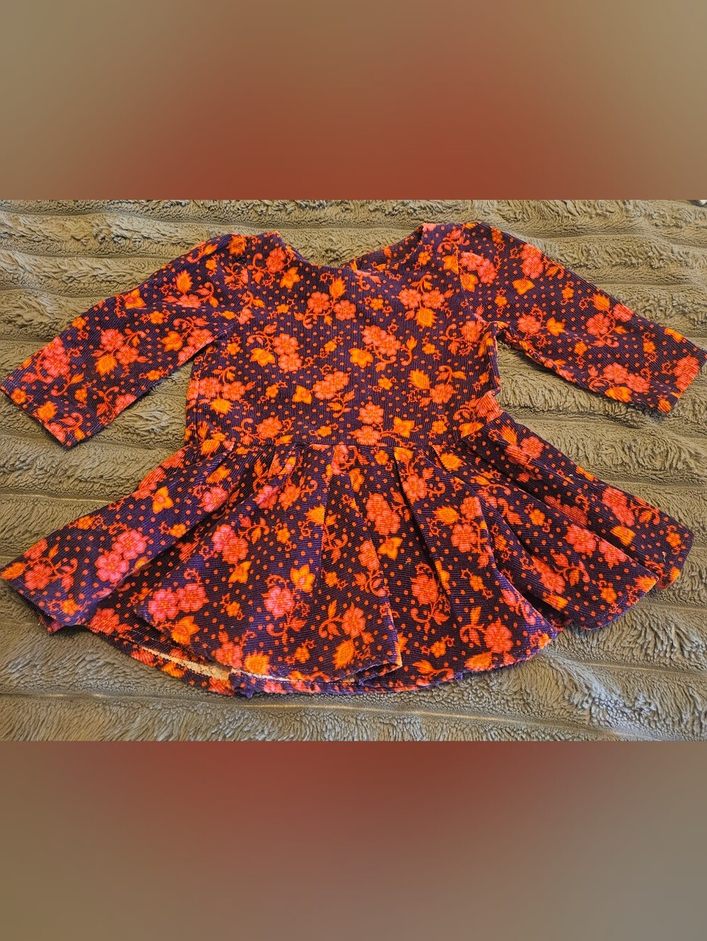 Girls Corduroy Floral Peplum Dress in Orange and Purple